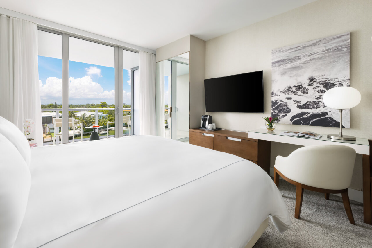 King balcony room with bay views at The Altair Hotel